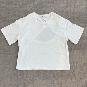 Zara White Crewneck Short Sleeve T-Shirt Asymmetrical Open Back Size Small